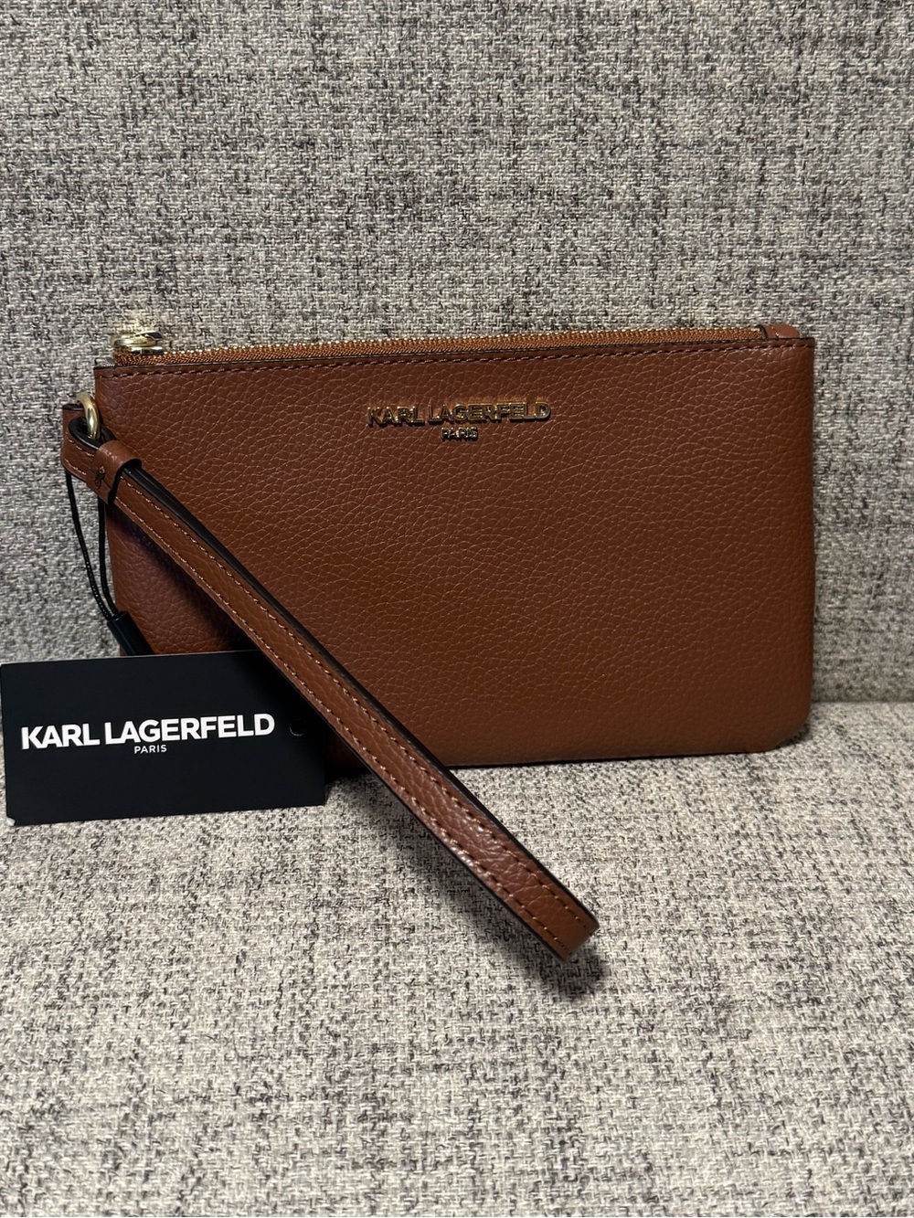 Karl Lagerfeld Brown Leather Wristlet with Gold Logo